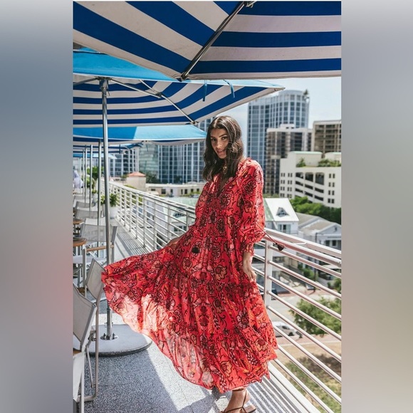 Cara Cara Grazia Maxi Dress In Peacock Watermelon Size M/L - Picture 2 of 15